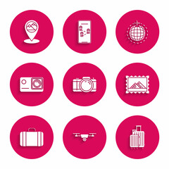 Set Photo camera, Drone flying with action video, Suitcase for travel, Postal stamp and Egypt pyramids, Action extreme, Globe plane and Map pointer mountain icon. Vector