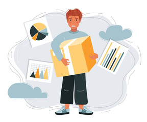 Cartoon illustration of man carrying big folder with files on white background. Analysis, analytics, business concept. 