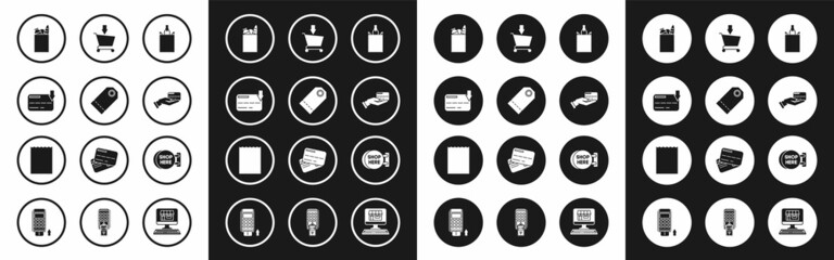 Set Paper shopping bag, Blank label template price tag, Credit card, and food, Human hand holding with credit, Add to Shopping cart, Signboard hanging inscription here and icon. Vector