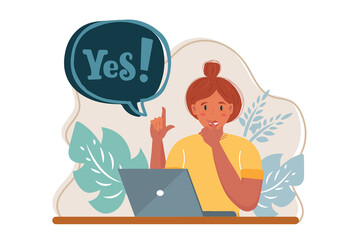 Cartoon vector illustration of a woman with yes word  on dark background. Accept concept. Happy business woman saying yes. Flat vector illustration
