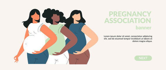 Diverse pregnant women or prenatal mom with big belly for pregnancy concept. Maternity and motherhood banner. Future young mum with tummy flat vector cartoon illustration. Woman's Day landing page