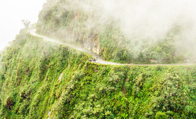 View on foggy death road in the Yungas in Bolivia