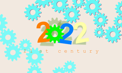 2022 21st century with a cogwheel inserted in the text. Illustration with background of random numbers standing out on a pale pink color. Working and machinery. Colorful modern design banner.
