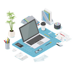 Isometric workspace with laptop documents and books and phones, plant, letters and other