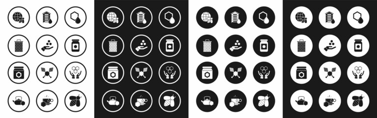 Fototapeta premium Set Honeycomb, and hand, map of the world bee, Jar honey, Hive for bees, hands and icon. Vector