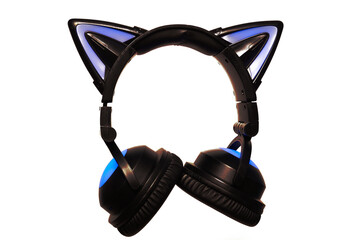 Black wireless headphones isolated on a white background. A cosplay accessory. Wireless gaming...