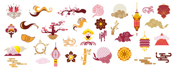 Fototapeta Japanese icon vector. Chinese oriental decor golden floral patterns and ornaments, lantern, mountain, clouds, flowers, sakura branch. Symbols of Japanese decor in the form of bamboo and branches.  obraz