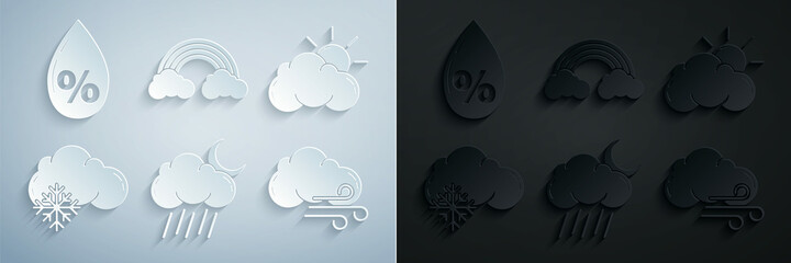 Set Cloud with rain and moon, Sun cloud weather, snow, Windy, Rainbow clouds and Water drop percentage icon. Vector