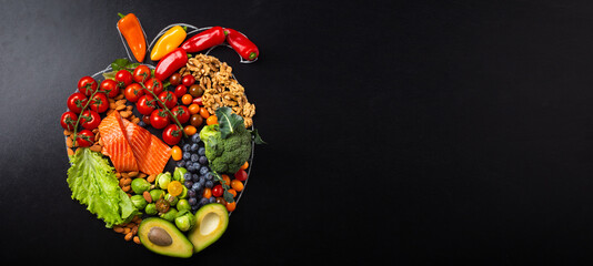Healthy diet and nutrition for heart and cardiovascular system, healthy food, fruit and vegetables...