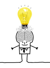 Cartoon big Brain Man with Light bulb over his head