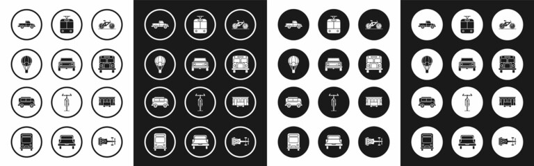Fototapeta premium Set Bicycle, Off road car, Hot air balloon, Pickup truck, School Bus, Tram and railway, Old city tram and Retro minivan icon. Vector