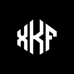 Obraz premium XKF letter logo design with polygon shape. XKF polygon and cube shape logo design. XKF hexagon vector logo template white and black colors. XKF monogram, business and real estate logo.