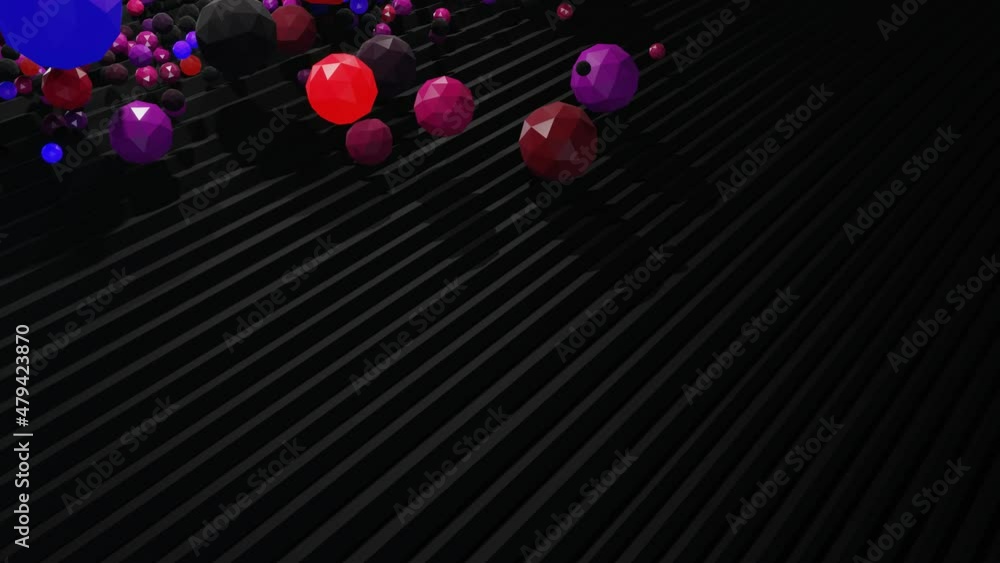 Poster spheres or balls fall down on steps bounce off stair and roll down light up and form pattern. sphere