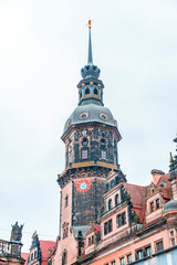 Obraz premium Hausmannsturm tower and Dresden Cathedral Catholic Court Church in the old town or Altstadt of Dresden