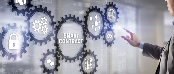 Smart contract. Modern Business technology. Businessman presses virtual button smart contract text...