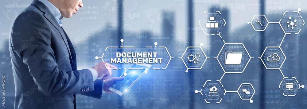 Poster document management data system business technology concept. dms on virtual screen