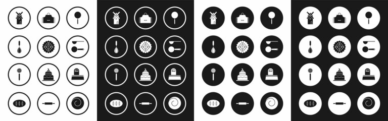 Set Frying pan, Cracker biscuit, Kitchen whisk, Windmill, Measuring spoon, apron, Scales and Strainer icon. Vector
