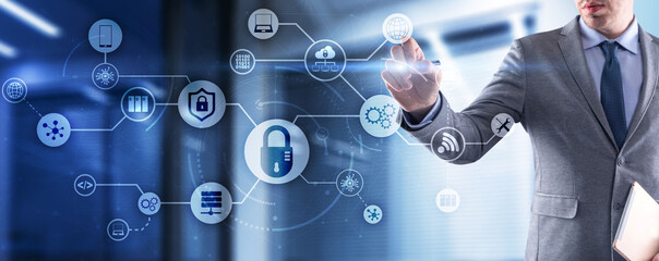 Tech background. Cybersecurity icons. Universal technology abstract background for presentations