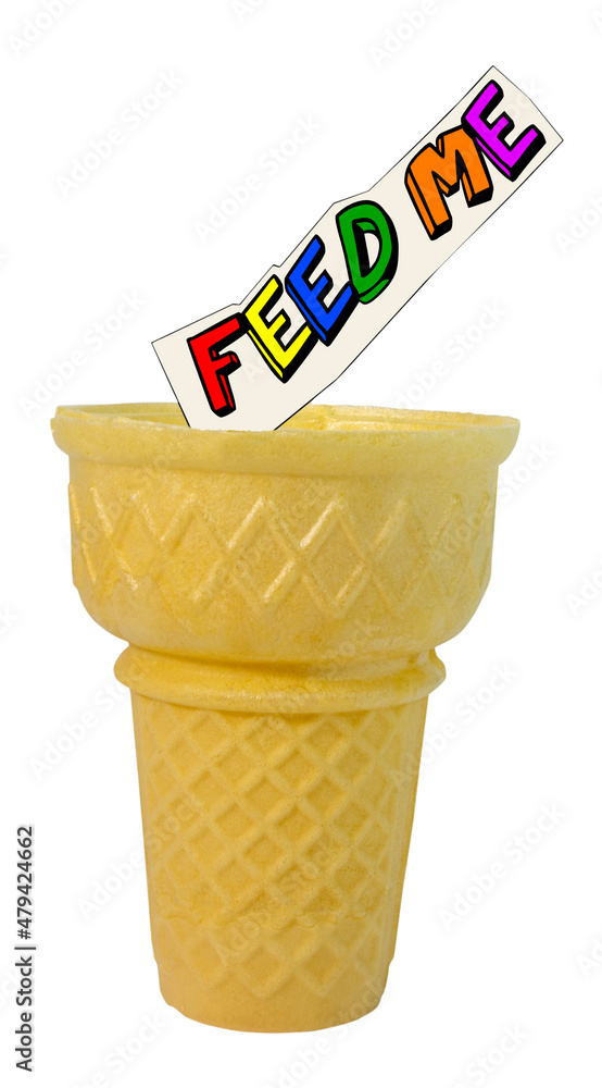 Wall mural basic, simple empty ice cream cone with feed me message. isolated.