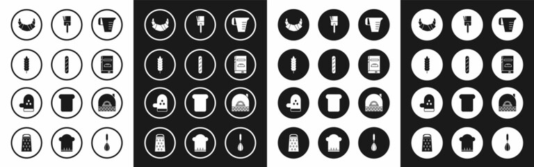 Set Measuring cup, French baguette bread, Cereals with rice, wheat, corn, oats, rye, Croissant, Cookbook, Kitchen brush, Brick stove and Oven glove icon. Vector