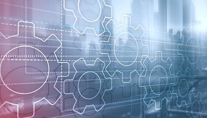 Dots lines and gears on city background