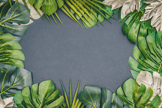 Tropical nature flat creative frame, jungle leaves, abstract colors, advertising slogan space, layout