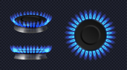 Gas burner with flame, glowing fire on kitchen stove. Burning propane butane in oven for cooking