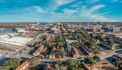 Downtown Savannah Georgia aerial view with blue sky