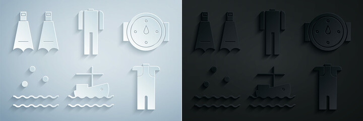Set Fishing boat on water, Wind rose, Cold and waves, Wetsuit for scuba diving, and Rubber flippers swimming icon. Vector © Oksana