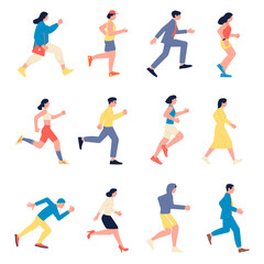 Fototapeta na wymiar People running. Outdoor jogging training, sport workout. Person run to work, man woman in casual cloth hurry. Healthy lifestyle, marathon and athletics recent vector set