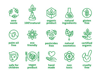 Organic cosmetics symbols. Beauty eco pictogram, vegan icons. Label no preservatives and no chemicals in makeup products, natural tidy vector badges - obrazy, fototapety, plakaty