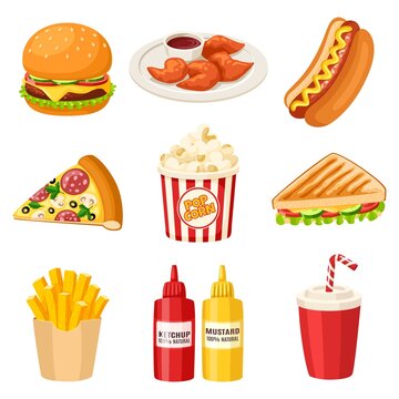 Cartoon fast food elements. Junk snack, foods in cafe icons. Hot dog, sweet drink, pizza slice and sauces. Isolated burger restaurant, meal garish vector clipart