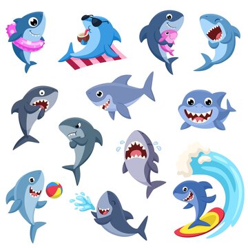 Cartoon shark. Funny sharks, sea predators. Ocean wildlife characters. Pink and blue fish with baby, smile water animals for kids, garish vector set