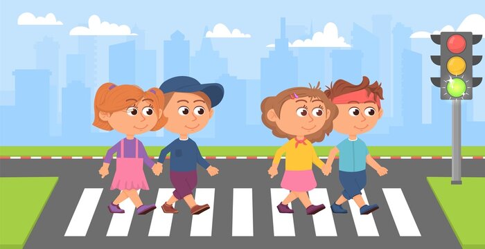 Kids on crosswalk. Kid street crossing, student on road. Green traffic  light, safety in town. Cartoon children walk together, education decent  vector concept Stock Vector | Adobe Stock