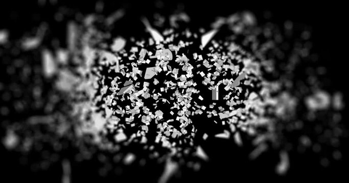 50 percent crash and slowly shatter into small pieces like a glass. Fragments scatter in all directions, blurred at the edges animation.