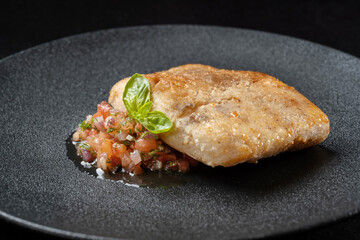 Delicious fish fry served on a beautiful plate, laid out on tartare.