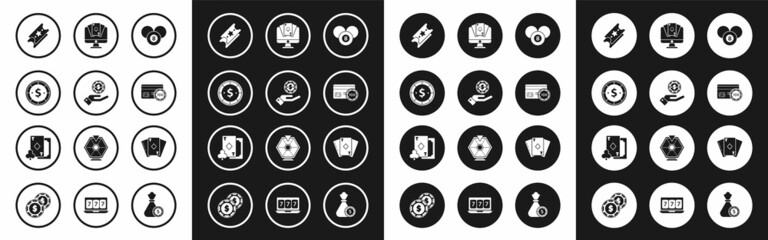 Set Billiard pool snooker 8 ball, Hand holding casino chips, Casino with dollar, Lottery ticket, Credit card, Online poker table game, Playing diamonds and icon. Vector