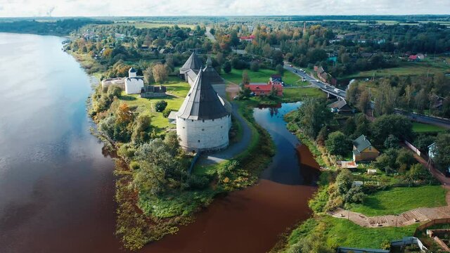 Old Russian fortress. Ancient fortress on the coast of Volkhov river in the town of Staraya Ladoga (Old Ladoga) in Russia. Aerial view of the ancient fortress.