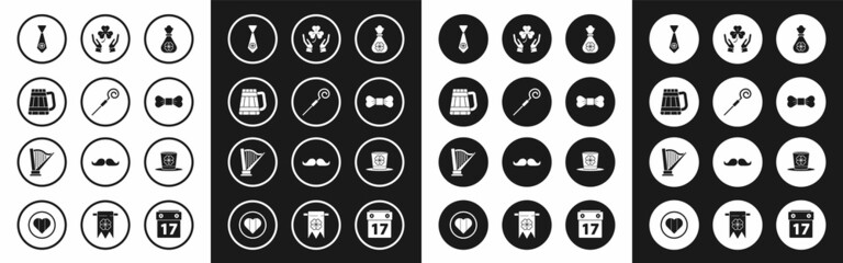 Set Money bag with four leaf clover, Walking stick, Wooden beer mug, Tie, Bow tie, Human hands holding, Leprechaun hat and Harp icon. Vector