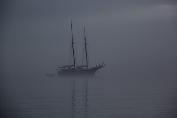 Ship on a foggy morning, ghost ship in fog
