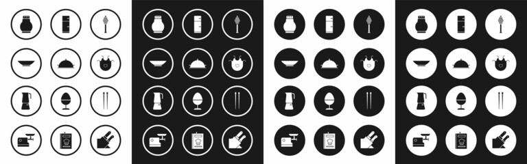 Set Honey dipper stick, Covered with a tray of food, Bowl, Salt and pepper, Kitchen apron, Refrigerator, Food chopsticks and Moka pot icon. Vector