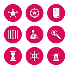 Set Money bag and magnifying glass, Hexagram sheriff, Flasher siren, Magnifying for search, Old hourglass, Prison window, Identification badge and icon. Vector