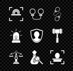 Set Fingerprint, Handcuffs, Scales of justice, Money bag magnifying glass, Face recognition, Flasher siren and User protection icon. Vector