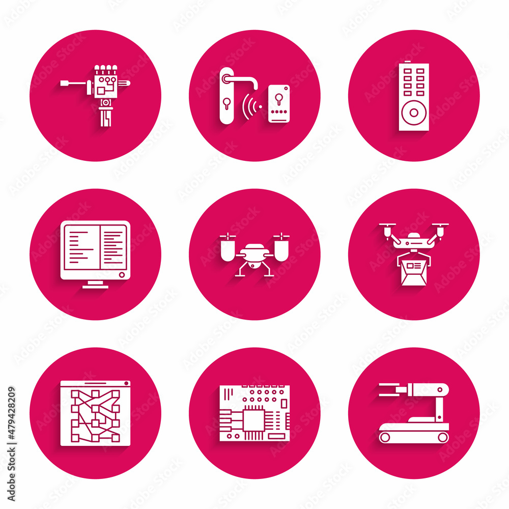 Poster set drone flying with action camera, robot, delivery concept, global technology or social network, c