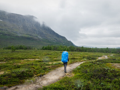 hiker walking in the mountains in northern sweden