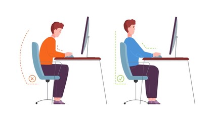 Correct posture computer. Ergonomic seat office workstation, character sit in proper pose at desk on chair, instruction good right position, healthy back splendid vector illustration - obrazy, fototapety, plakaty