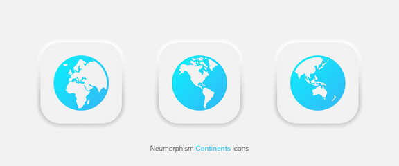 Earth globe icons. Earth hemispheres with continents. America, Europe, Asia symbols in neumorphism style. Vector EPS 10