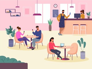 People use smartphone in restaurant. Customers with telephone or laptop sitting on chair inside city cafe interior, waiter at bar in mask, coffee at table, garish vector