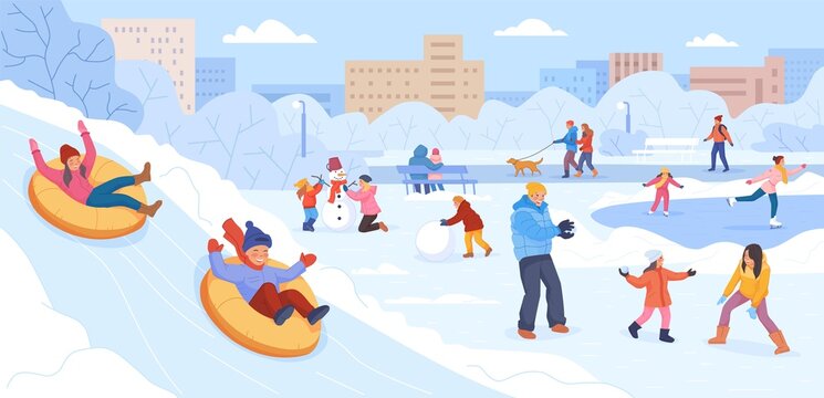 Walking in winter park. Active people in snow landscape, wintering family outdoor activities, skiing ice skating rink sled making snowman christmas holiday swanky vector