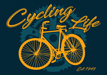 Beautiful golden retro bicycle over a front crank with "cycling life" sentence over a dark blue background